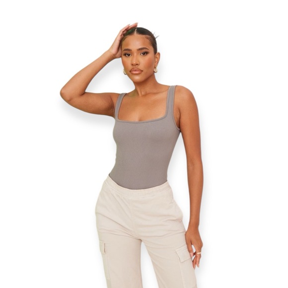 Gunmetal Contour Rib Square Neck Sleeveless Bodysuit - Picture 3 of 6